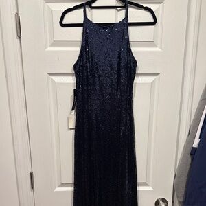 LULUS Navy Sequin Cowl Back Dress